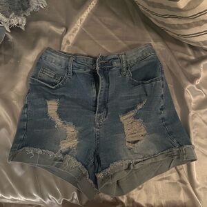 Blue Distressed Jean Shorts with Frayed Hem